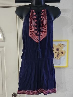 Altar'd State Navy Blue Halter Romper with Pink Embroidery